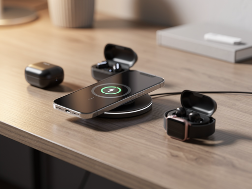 Cargador MagCharge Pro 3 en 1 en uso sobre escritorio moderno cargando celular audífonos y smartwatch